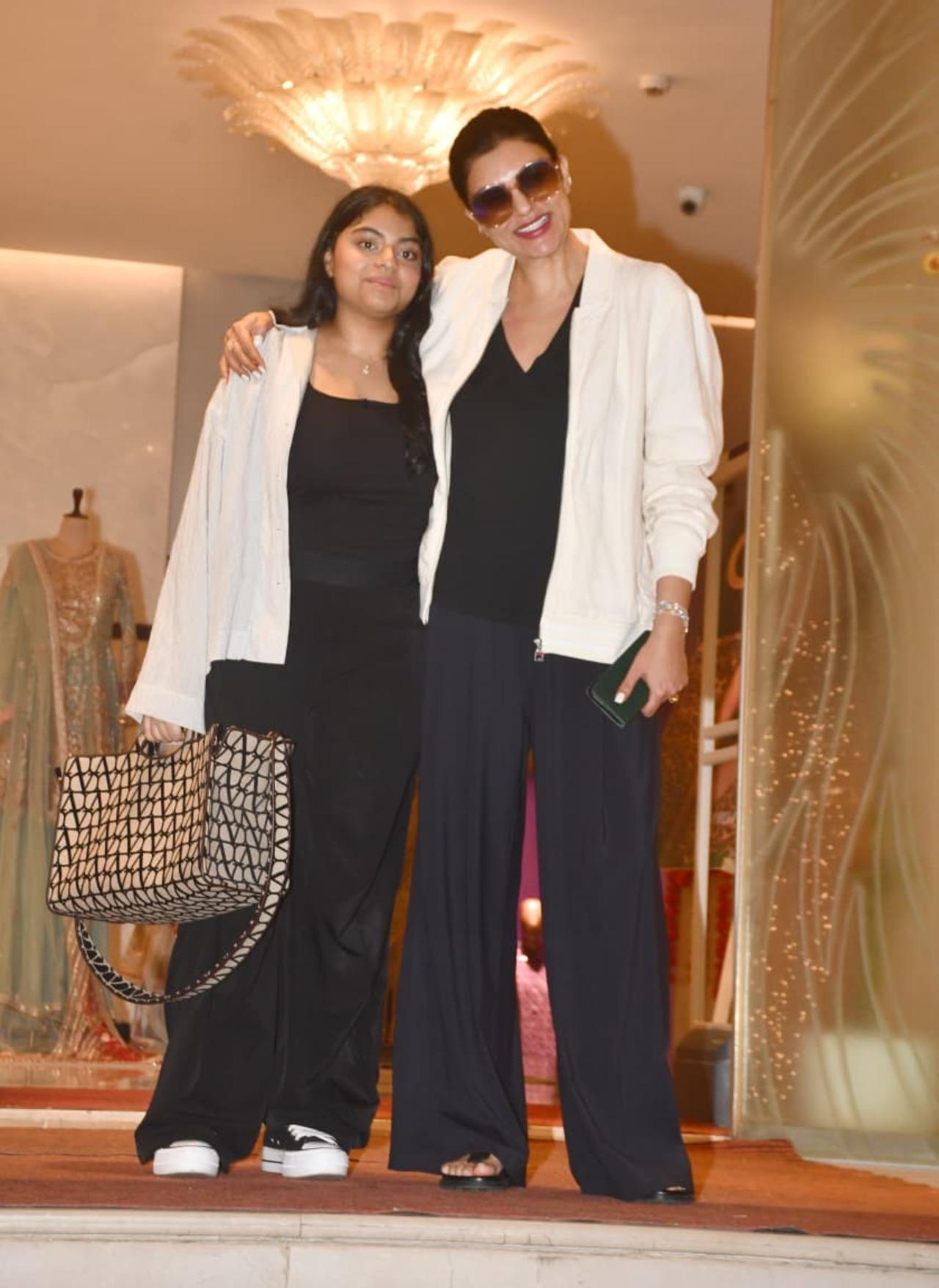Sushmita was seen twinning with her younger daughter, Alisah Sen, in a white jacket and black trousers with a black top underneath.